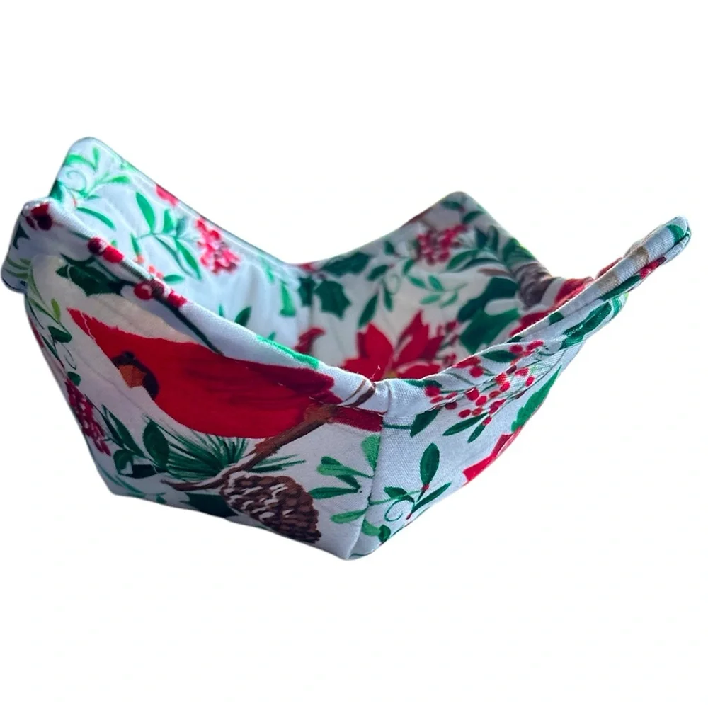 HAND CRAFTED Colorful Cotton Fabric Red Cardinals Fabric Trinket Basket Bowl